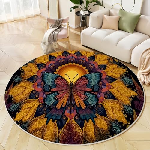 Runder Teppich Lila Gelb, Anti Rutsch Unterlage Waschbar Runder Läufer Mit Bedruckter Psychedelisches Mandala Fantasy Schmetterling Für Schlafzimmer Flur Wohnzimmer Couchtisch Fußmatten, 160 cm Runder Teppich Lila Gelb, Anti Rutsch Unterlage Waschbar Runder Läufer Mit Bedruckter Psychedelisches Mandala Fantasy Schmetterling Für Schlafzimmer Flur Wohnzimmer Couchtisch Fußmatten, 160 cm von JEDTAKCT