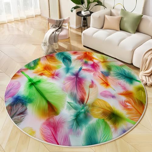 Runder Teppich Limettengrün, Anti Rutsch Unterlage Waschbar Runder Läufer Mit Bedruckter Regenbogenfedern Elegante Textur Für Schlafzimmer Flur Wohnzimmer Couchtisch Fußmatten, 80 cm Runder Teppich Limettengrün, Anti Rutsch Unterlage Waschbar Runder Läufer Mit Bedruckter Regenbogenfedern Elegante Textur Für Schlafzimmer Flur Wohnzimmer Couchtisch Fußmatten, 80 cm von JEDTAKCT
