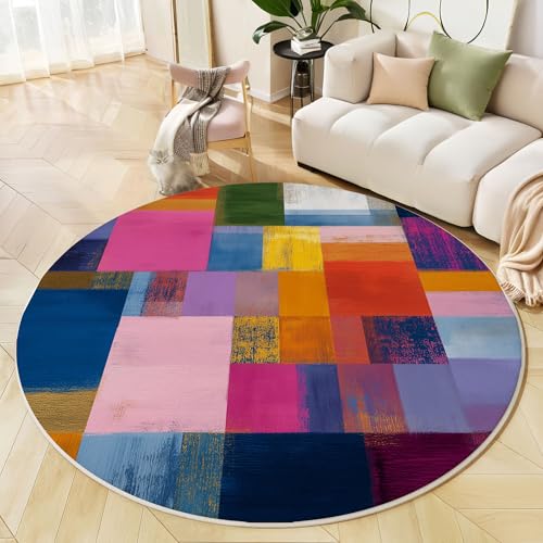 Runder Teppich Magenta, Anti Rutsch Unterlage Waschbar Runder Läufer Mit Bedruckter Farbblock Geometrisch Abstraktes Ölgemälde Für Schlafzimmer Flur Wohnzimmer Couchtisch Fußmatten, 200 cm Runder Teppich Magenta, Anti Rutsch Unterlage Waschbar Runder Läufer Mit Bedruckter Farbblock Geometrisch Abstraktes Ölgemälde Für Schlafzimmer Flur Wohnzimmer Couchtisch Fußmatten, 200 cm von JEDTAKCT