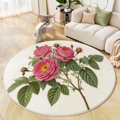 Runder Teppich Magenta, Anti Rutsch Unterlage Waschbar Runder Läufer Mit Bedruckter Vintage Rose Floral Botanische Illustration Für Schlafzimmer Flur Wohnzimmer Couchtisch Fußmatten, 60 cm von JEDTAKCT