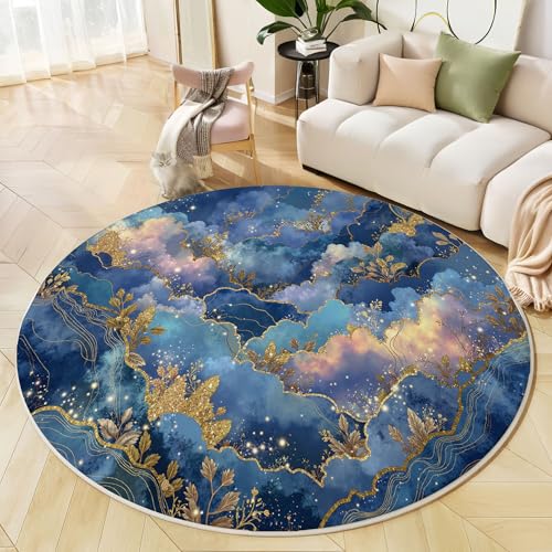 Runder Teppich Marineblau, Anti Rutsch Unterlage Waschbar Runder Läufer Mit Bedruckter Aquarell Marmor Goldfolie Botanicals Für Schlafzimmer Flur Wohnzimmer Couchtisch Fußmatten, 120 cm Runder Teppich Marineblau, Anti Rutsch Unterlage Waschbar Runder Läufer Mit Bedruckter Aquarell Marmor Goldfolie Botanicals Für Schlafzimmer Flur Wohnzimmer Couchtisch Fußmatten, 120 cm von JEDTAKCT