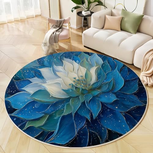 Runder Teppich Marineblau, Anti Rutsch Unterlage Waschbar Runder Läufer Mit Bedruckter Goldfolie Lotus Ölgemälde Pflanzen Für Schlafzimmer Flur Wohnzimmer Couchtisch Fußmatten, 80 cm von JEDTAKCT
