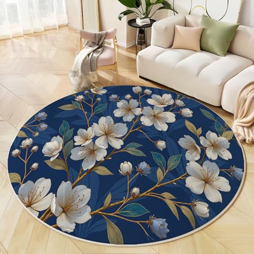Runder Teppich Marineblau, Anti Rutsch Unterlage Waschbar Runder Läufer Mit Bedruckter Kirschblüte In Goldfolie Elegante Pflanzen Für Schlafzimmer Flur Wohnzimmer Couchtisch Fußmatten, 80 cm Runder Teppich Marineblau, Anti Rutsch Unterlage Waschbar Runder Läufer Mit Bedruckter Kirschblüte In Goldfolie Elegante Pflanzen Für Schlafzimmer Flur Wohnzimmer Couchtisch Fußmatten, 80 cm von JEDTAKCT