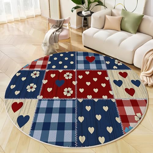 Runder Teppich Marineblau, Anti Rutsch Unterlage Waschbar Runder Läufer Mit Bedruckter Polka Dot Check Patchwork Im Landhausstil Für Schlafzimmer Flur Wohnzimmer Couchtisch Fußmatten, 120 cm Runder Teppich Marineblau, Anti Rutsch Unterlage Waschbar Runder Läufer Mit Bedruckter Polka Dot Check Patchwork Im Landhausstil Für Schlafzimmer Flur Wohnzimmer Couchtisch Fußmatten, 120 cm von JEDTAKCT