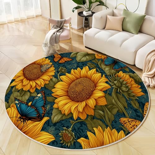 Runder Teppich Marineblau, Anti Rutsch Unterlage Waschbar Runder Läufer Mit Bedruckter Schmetterlings-Sonnenblume Mittelalterliche Pflanzen Für Schlafzimmer Flur Wohnzimmer Couchtisch Fußmatten, 200Cm Runder Teppich Marineblau, Anti Rutsch Unterlage Waschbar Runder Läufer Mit Bedruckter Schmetterlings-Sonnenblume Mittelalterliche Pflanzen Für Schlafzimmer Flur Wohnzimmer Couchtisch Fußmatten, 200Cm von JEDTAKCT