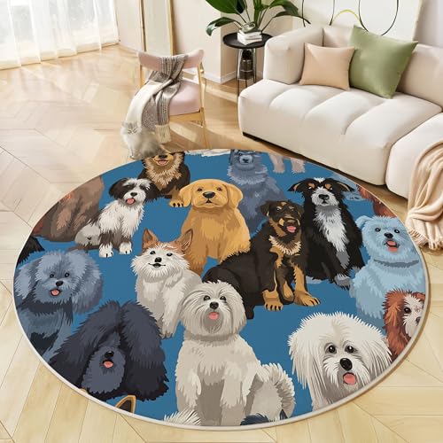 Runder Teppich Marineblau, Anti Rutsch Unterlage Waschbar Runder Läufer Mit Bedruckter Süße Hunde Tierillustration Für Schlafzimmer Flur Wohnzimmer Couchtisch Fußmatten, 60 cm Runder Teppich Marineblau, Anti Rutsch Unterlage Waschbar Runder Läufer Mit Bedruckter Süße Hunde Tierillustration Für Schlafzimmer Flur Wohnzimmer Couchtisch Fußmatten, 60 cm von JEDTAKCT