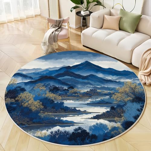 Runder Teppich Marineblau, Anti Rutsch Unterlage Waschbar Runder Läufer Mit Bedruckter Tintenberge Orientalische Landschaft Für Schlafzimmer Flur Wohnzimmer Couchtisch Fußmatten, 160 cm Runder Teppich Marineblau, Anti Rutsch Unterlage Waschbar Runder Läufer Mit Bedruckter Tintenberge Orientalische Landschaft Für Schlafzimmer Flur Wohnzimmer Couchtisch Fußmatten, 160 cm von JEDTAKCT
