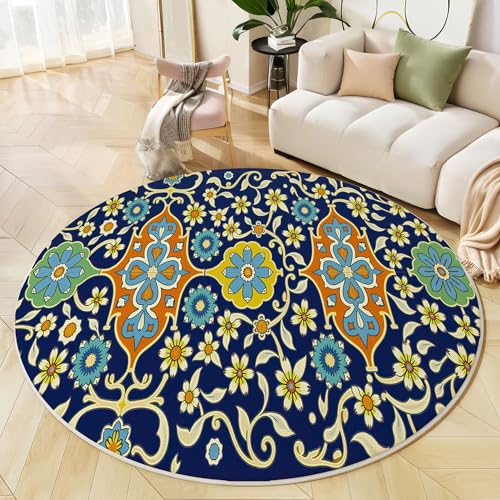 Runder Teppich Marineblau, Anti Rutsch Unterlage Waschbar Runder Läufer Mit Bedruckter Traditionelles Blumen Marokkanisches Geometrisches Für Schlafzimmer Flur Wohnzimmer Couchtisch Fußmatten, 120 cm von JEDTAKCT