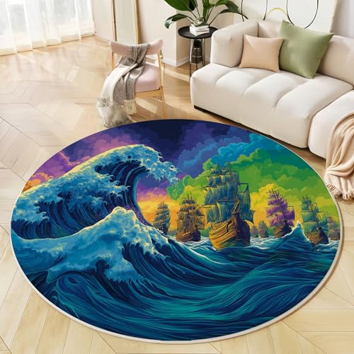 Runder Teppich Marineblau, Anti Rutsch Unterlage Waschbar Runder Läufer Mit Bedruckter Wellensegelboot Japanische Ästhetik Für Schlafzimmer Flur Wohnzimmer Couchtisch Fußmatten, 200 cm Runder Teppich Marineblau, Anti Rutsch Unterlage Waschbar Runder Läufer Mit Bedruckter Wellensegelboot Japanische Ästhetik Für Schlafzimmer Flur Wohnzimmer Couchtisch Fußmatten, 200 cm von JEDTAKCT