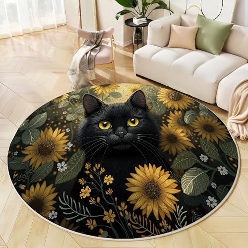Runder Teppich Olivgrün, Anti Rutsch Unterlage Waschbar Runder Läufer Mit Bedruckter Fantasy Schwarze Katze Retro Sonnenblume Für Schlafzimmer Flur Wohnzimmer Couchtisch Fußmatten, 120 cm Runder Teppich Olivgrün, Anti Rutsch Unterlage Waschbar Runder Läufer Mit Bedruckter Fantasy Schwarze Katze Retro Sonnenblume Für Schlafzimmer Flur Wohnzimmer Couchtisch Fußmatten, 120 cm von JEDTAKCT