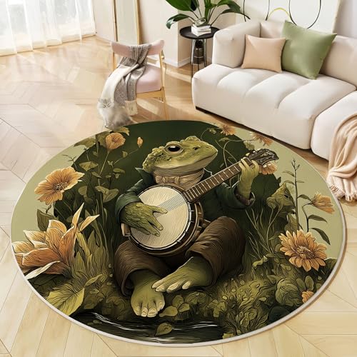 Runder Teppich Olivgrün, Anti Rutsch Unterlage Waschbar Runder Läufer Mit Bedruckter Vintage Kröte Blumentier Poster Für Schlafzimmer Flur Wohnzimmer Couchtisch Fußmatten, 80 cm von JEDTAKCT