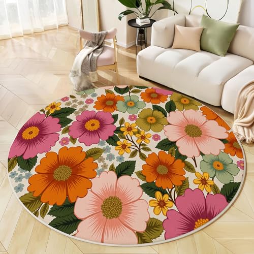 Runder Teppich Pfirsichrosa, Anti Rutsch Unterlage Waschbar Runder Läufer Mit Bedruckter Retro-Blumen Interessante Pflanzen Für Schlafzimmer Flur Wohnzimmer Couchtisch Fußmatten, 80 cm Runder Teppich Pfirsichrosa, Anti Rutsch Unterlage Waschbar Runder Läufer Mit Bedruckter Retro-Blumen Interessante Pflanzen Für Schlafzimmer Flur Wohnzimmer Couchtisch Fußmatten, 80 cm von JEDTAKCT