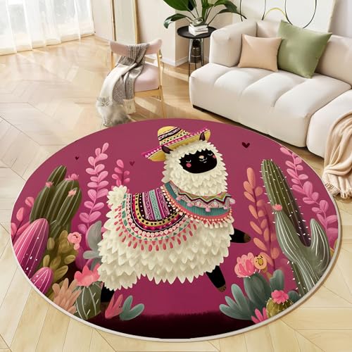 Runder Teppich Pink, Anti Rutsch Unterlage Waschbar Runder Läufer Mit Bedruckter Mexikanisches Alpaka Süße Tiere Für Schlafzimmer Flur Wohnzimmer Couchtisch Fußmatten, 160 cm Runder Teppich Pink, Anti Rutsch Unterlage Waschbar Runder Läufer Mit Bedruckter Mexikanisches Alpaka Süße Tiere Für Schlafzimmer Flur Wohnzimmer Couchtisch Fußmatten, 160 cm von JEDTAKCT