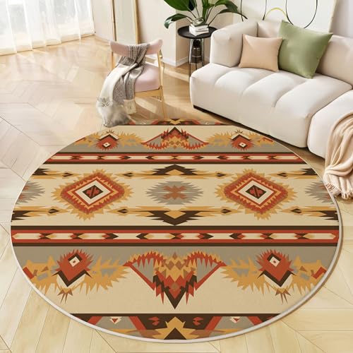 Runder Teppich Rötlich-Braun, Anti Rutsch Unterlage Waschbar Runder Läufer Mit Bedruckter Western-Streifen Traditionelle Geometrische Für Schlafzimmer Flur Wohnzimmer Couchtisch Fußmatten, 200 cm Runder Teppich Rötlich-Braun, Anti Rutsch Unterlage Waschbar Runder Läufer Mit Bedruckter Western-Streifen Traditionelle Geometrische Für Schlafzimmer Flur Wohnzimmer Couchtisch Fußmatten, 200 cm von JEDTAKCT