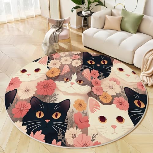Runder Teppich Rosagrau, Anti Rutsch Unterlage Waschbar Runder Läufer Mit Bedruckter Süße Katze Blumen Im Anime-Stil Für Schlafzimmer Flur Wohnzimmer Couchtisch Fußmatten, 60 cm Runder Teppich Rosagrau, Anti Rutsch Unterlage Waschbar Runder Läufer Mit Bedruckter Süße Katze Blumen Im Anime-Stil Für Schlafzimmer Flur Wohnzimmer Couchtisch Fußmatten, 60 cm von JEDTAKCT