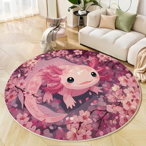 Runder Teppich Rougepuder, Anti Rutsch Unterlage Waschbar Runder Läufer Mit Bedruckter Cartoon Salamander Sakura Tiere Für Schlafzimmer Flur Wohnzimmer Couchtisch Fußmatten, 120 cm von JEDTAKCT