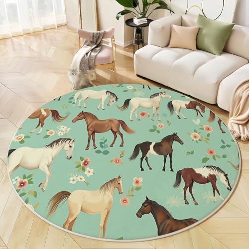 Runder Teppich Salbeigrün, Anti Rutsch Unterlage Waschbar Runder Läufer Mit Bedruckter Blumen Pferde Tiermotiv Für Schlafzimmer Flur Wohnzimmer Couchtisch Fußmatten, 60 cm von JEDTAKCT