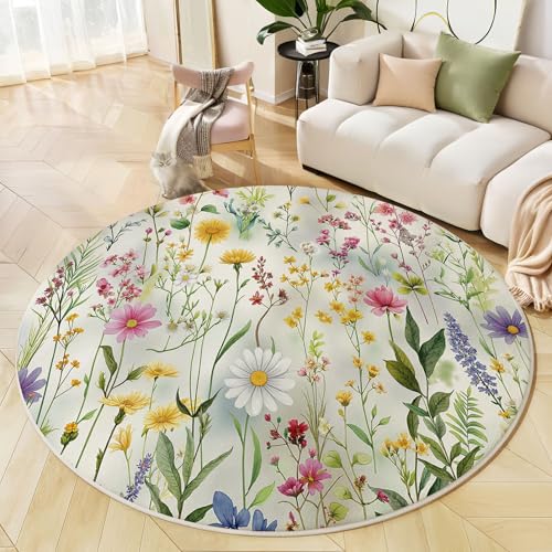 Runder Teppich Salbeigrün, Anti Rutsch Unterlage Waschbar Runder Läufer Mit Bedruckter Frühlingsblumen Aquarell-Pflanzen Für Schlafzimmer Flur Wohnzimmer Couchtisch Fußmatten, 120 cm Runder Teppich Salbeigrün, Anti Rutsch Unterlage Waschbar Runder Läufer Mit Bedruckter Frühlingsblumen Aquarell-Pflanzen Für Schlafzimmer Flur Wohnzimmer Couchtisch Fußmatten, 120 cm von JEDTAKCT