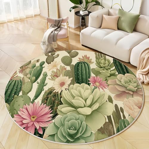 Runder Teppich Salbeigrün, Anti Rutsch Unterlage Waschbar Runder Läufer Mit Bedruckter Kakteen Sukkulenten Aquarellblumen Für Schlafzimmer Flur Wohnzimmer Couchtisch Fußmatten, 100 cm Runder Teppich Salbeigrün, Anti Rutsch Unterlage Waschbar Runder Läufer Mit Bedruckter Kakteen Sukkulenten Aquarellblumen Für Schlafzimmer Flur Wohnzimmer Couchtisch Fußmatten, 100 cm von JEDTAKCT