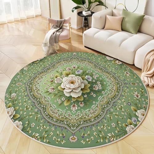 Runder Teppich Salbeigrün, Anti Rutsch Unterlage Waschbar Runder Läufer Mit Bedruckter Traditionelle Pfingstrose Vintage Floral Für Schlafzimmer Flur Wohnzimmer Couchtisch Fußmatten, 60 cm Runder Teppich Salbeigrün, Anti Rutsch Unterlage Waschbar Runder Läufer Mit Bedruckter Traditionelle Pfingstrose Vintage Floral Für Schlafzimmer Flur Wohnzimmer Couchtisch Fußmatten, 60 cm von JEDTAKCT