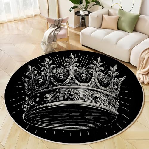 Runder Teppich Schwarz, Anti Rutsch Unterlage Waschbar Runder Läufer Mit Bedruckter Einfache Krone Retro-Streifen Für Schlafzimmer Flur Wohnzimmer Couchtisch Fußmatten, 100 cm Runder Teppich Schwarz, Anti Rutsch Unterlage Waschbar Runder Läufer Mit Bedruckter Einfache Krone Retro-Streifen Für Schlafzimmer Flur Wohnzimmer Couchtisch Fußmatten, 100 cm von JEDTAKCT