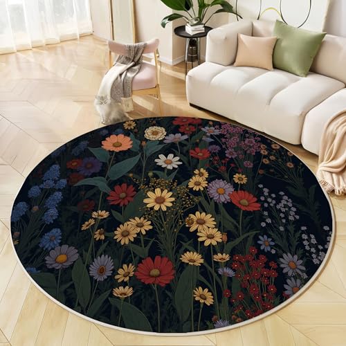 Runder Teppich Schwarz, Anti Rutsch Unterlage Waschbar Runder Läufer Mit Bedruckter Landhausstil Blumen Retro Pflanzen Für Schlafzimmer Flur Wohnzimmer Couchtisch Fußmatten, 160 cm Runder Teppich Schwarz, Anti Rutsch Unterlage Waschbar Runder Läufer Mit Bedruckter Landhausstil Blumen Retro Pflanzen Für Schlafzimmer Flur Wohnzimmer Couchtisch Fußmatten, 160 cm von JEDTAKCT