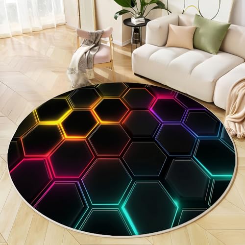 Runder Teppich Schwarz, Anti Rutsch Unterlage Waschbar Runder Läufer Mit Bedruckter Neon-Sechseck Abstrakte Geometrie Für Schlafzimmer Flur Wohnzimmer Couchtisch Fußmatten, 100 cm Runder Teppich Schwarz, Anti Rutsch Unterlage Waschbar Runder Läufer Mit Bedruckter Neon-Sechseck Abstrakte Geometrie Für Schlafzimmer Flur Wohnzimmer Couchtisch Fußmatten, 100 cm von JEDTAKCT