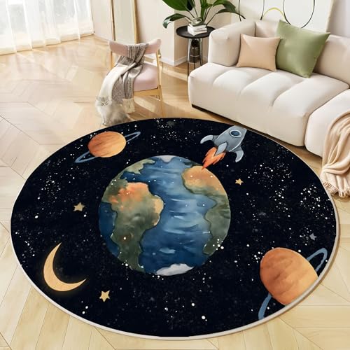 Runder Teppich Schwarz, Anti Rutsch Unterlage Waschbar Runder Läufer Mit Bedruckter Rakete Erde Cartoon-Universum Für Schlafzimmer Flur Wohnzimmer Couchtisch Fußmatten, 160 cm Runder Teppich Schwarz, Anti Rutsch Unterlage Waschbar Runder Läufer Mit Bedruckter Rakete Erde Cartoon-Universum Für Schlafzimmer Flur Wohnzimmer Couchtisch Fußmatten, 160 cm von JEDTAKCT