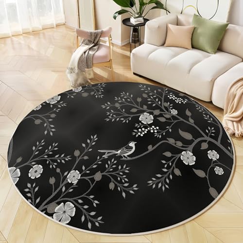 Runder Teppich Schwarz Weiß, Anti Rutsch Unterlage Waschbar Runder Läufer Mit Bedruckter Einfache Pflanzen Chinesische Ästhetik Für Schlafzimmer Flur Wohnzimmer Couchtisch Fußmatten, 60 cm Runder Teppich Schwarz Weiß, Anti Rutsch Unterlage Waschbar Runder Läufer Mit Bedruckter Einfache Pflanzen Chinesische Ästhetik Für Schlafzimmer Flur Wohnzimmer Couchtisch Fußmatten, 60 cm von JEDTAKCT