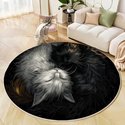 Runder Teppich Schwarz Weiß, Anti Rutsch Unterlage Waschbar Runder Läufer Mit Bedruckter Fantasy Katzen Yin Yang Tiere Für Schlafzimmer Flur Wohnzimmer Couchtisch Fußmatten, 80 cm Runder Teppich Schwarz Weiß, Anti Rutsch Unterlage Waschbar Runder Läufer Mit Bedruckter Fantasy Katzen Yin Yang Tiere Für Schlafzimmer Flur Wohnzimmer Couchtisch Fußmatten, 80 cm von JEDTAKCT