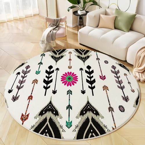 Runder Teppich Schwarz Weiß, Anti Rutsch Unterlage Waschbar Runder Läufer Mit Bedruckter Pfeile Blumen Einfache Geometrie Für Schlafzimmer Flur Wohnzimmer Couchtisch Fußmatten, 160 cm Runder Teppich Schwarz Weiß, Anti Rutsch Unterlage Waschbar Runder Läufer Mit Bedruckter Pfeile Blumen Einfache Geometrie Für Schlafzimmer Flur Wohnzimmer Couchtisch Fußmatten, 160 cm von JEDTAKCT