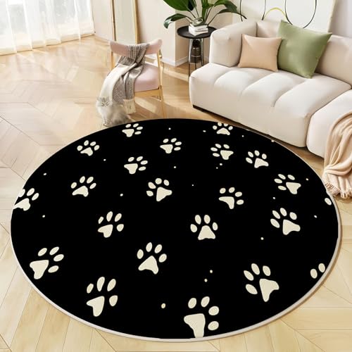 Runder Teppich Schwarz Weiß, Anti Rutsch Unterlage Waschbar Runder Läufer Mit Bedruckter Süße Hundepfotenabdrücke Tiermotiv Für Schlafzimmer Flur Wohnzimmer Couchtisch Fußmatten, 60 cm Runder Teppich Schwarz Weiß, Anti Rutsch Unterlage Waschbar Runder Läufer Mit Bedruckter Süße Hundepfotenabdrücke Tiermotiv Für Schlafzimmer Flur Wohnzimmer Couchtisch Fußmatten, 60 cm von JEDTAKCT