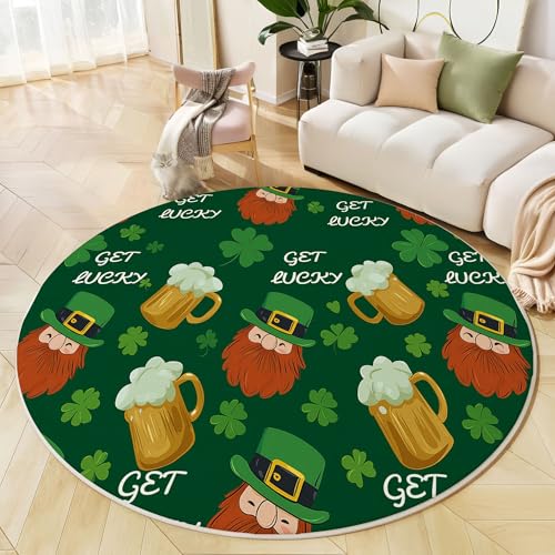Runder Teppich Smaragdgrün, Anti Rutsch Unterlage Waschbar Runder Läufer Mit Bedruckter Klee Bierkrug Cartoon Poster Für Schlafzimmer Flur Wohnzimmer Couchtisch Fußmatten, 160 cm Runder Teppich Smaragdgrün, Anti Rutsch Unterlage Waschbar Runder Läufer Mit Bedruckter Klee Bierkrug Cartoon Poster Für Schlafzimmer Flur Wohnzimmer Couchtisch Fußmatten, 160 cm von JEDTAKCT