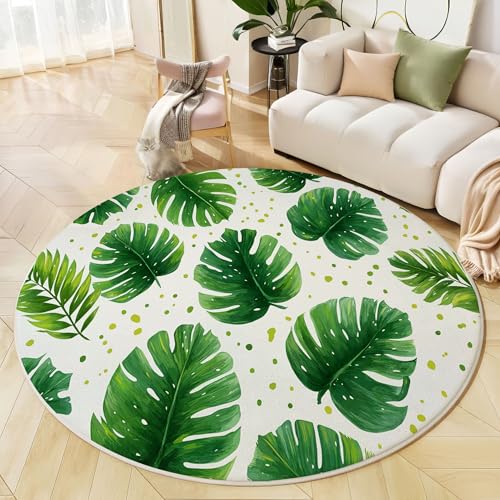 Runder Teppich Smaragdgrün, Anti Rutsch Unterlage Waschbar Runder Läufer Mit Bedruckter Polka Dot Monstera Tropische Pflanzen Für Schlafzimmer Flur Wohnzimmer Couchtisch Fußmatten, 160 cm von JEDTAKCT