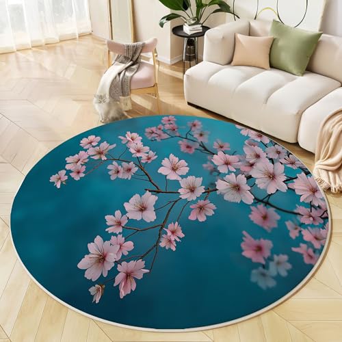 Runder Teppich Türkis, Anti Rutsch Unterlage Waschbar Runder Läufer Mit Bedruckter Aquarell Kirschblüten Distressed Pflanzen Für Schlafzimmer Flur Wohnzimmer Couchtisch Fußmatten, 120 cm Runder Teppich Türkis, Anti Rutsch Unterlage Waschbar Runder Läufer Mit Bedruckter Aquarell Kirschblüten Distressed Pflanzen Für Schlafzimmer Flur Wohnzimmer Couchtisch Fußmatten, 120 cm von JEDTAKCT