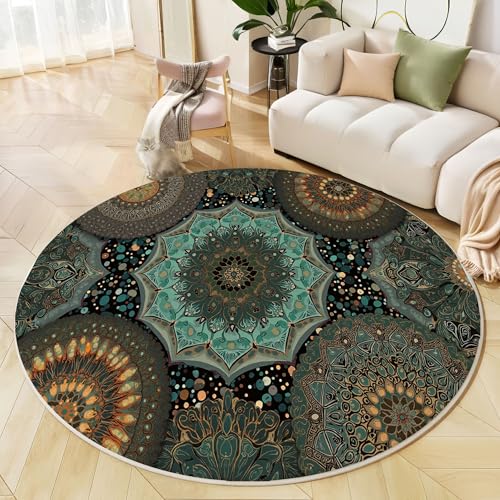 Runder Teppich Türkis, Anti Rutsch Unterlage Waschbar Runder Läufer Mit Bedruckter Böhmisches Mandala Distressed Ästhetik Für Schlafzimmer Flur Wohnzimmer Couchtisch Fußmatten, 160 cm Runder Teppich Türkis, Anti Rutsch Unterlage Waschbar Runder Läufer Mit Bedruckter Böhmisches Mandala Distressed Ästhetik Für Schlafzimmer Flur Wohnzimmer Couchtisch Fußmatten, 160 cm von JEDTAKCT