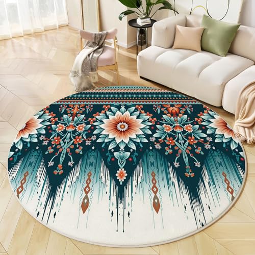 Runder Teppich Türkis, Anti Rutsch Unterlage Waschbar Runder Läufer Mit Bedruckter Traditionelle Geometrische Aztekenblumen Für Schlafzimmer Flur Wohnzimmer Couchtisch Fußmatten, 160 cm Runder Teppich Türkis, Anti Rutsch Unterlage Waschbar Runder Läufer Mit Bedruckter Traditionelle Geometrische Aztekenblumen Für Schlafzimmer Flur Wohnzimmer Couchtisch Fußmatten, 160 cm von JEDTAKCT