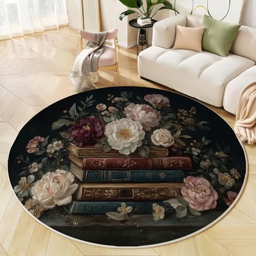 Runder Teppich Vintage Buch Waschbar rutschfest Teppich Pfingstrosen Ölgemälde Bedruckt Wohnzimmerteppich Rund 200 cm Flauschig Dunkelbraun Teppiche Für Schlafzimmer Esszimmer Küche Runder Teppich Vintage Buch Waschbar rutschfest Teppich Pfingstrosen Ölgemälde Bedruckt Wohnzimmerteppich Rund 200 cm Flauschig Dunkelbraun Teppiche Für Schlafzimmer Esszimmer Küche von JEDTAKCT