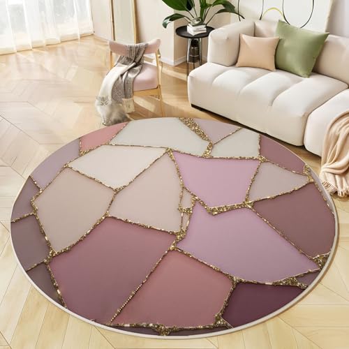 Runder Teppich Zartrosa, Anti Rutsch Unterlage Waschbar Runder Läufer Mit Bedruckter Geometrischer Marmor 3D-Goldfolienstreifen Für Schlafzimmer Flur Wohnzimmer Couchtisch Fußmatten, 80 cm von JEDTAKCT