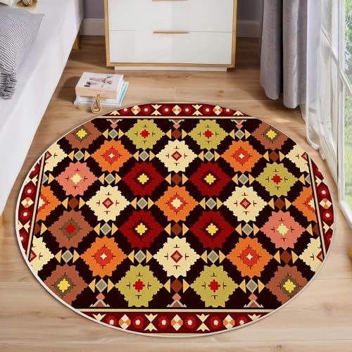 Runder Teppich Ziegelrot, Anti Rutsch Unterlage Waschbar Runder Läufer Mit Bedruckter Traditionelle Geometrische Retro-Kunst Für Schlafzimmer Flur Wohnzimmer Couchtisch Fußmatten, 160 cm Runder Teppich Ziegelrot, Anti Rutsch Unterlage Waschbar Runder Läufer Mit Bedruckter Traditionelle Geometrische Retro-Kunst Für Schlafzimmer Flur Wohnzimmer Couchtisch Fußmatten, 160 cm von JEDTAKCT