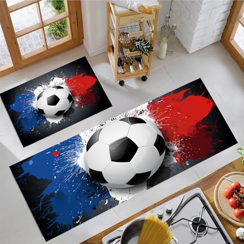 Tintenspritzer Französische Flagge Küchenmatten 2Er Set, 44X75Cm+44X120Cm Küchenteppich Waschbar Rutschfest, Küchenteppiche, Anthrazitgrau Küchenläufer Für Badezimmer Zuhause Büro (Moderner Fußball) von JEDTAKCT