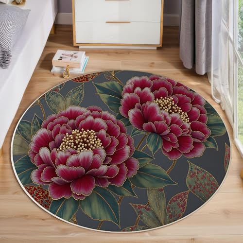 Wunderschöne Pfingstrosenstickerei Teppich, Waschbar 60 Cm Runder Teppich Für Schlafzimmer, Chinesische Blumen Kinderteppich, Rutschfester Kreis Weicher Dunkelgrün Für Schlafsaal Kinderzimmer Sofa von JEDTAKCT