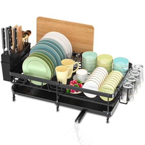 JEDWKFA Abtropfgestell Geschirr,Erweiterbares Abtropfgestell,Verstellbarer Geschirrabtropfkorb,mit Spülbecken mit Abtropffläche und Drehbarem Auslauf,tellerregal,Schwarz von JEDWKFA