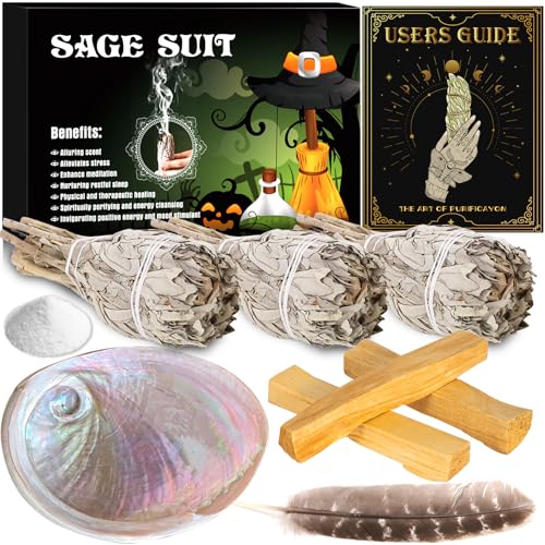 JEDWKFA Salbei Räuchern, Räucherset, Weißer Salbei Zum Räuchern, 3 Salbei + 3 Palo Santo Räucherholz + 1 Feder + 1 Abalone Muschel, Ausräuchern Negative Energie, Räucherset Hausreinigung von JEDWKFA