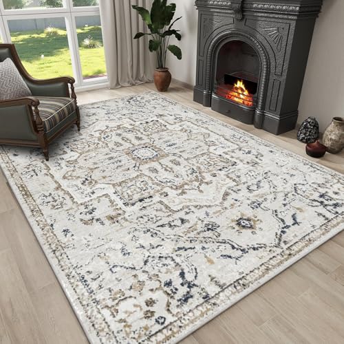 90 x 150 cm, waschbare Teppiche für Schlafzimmer, Küche, Vintage-Teppich, weich, rutschfest, niedriger Flor, großer Teppich für Büro, Esszimmer, Marineblau – Beige von JEEGIU