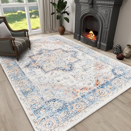 Area Rugs 120 x 150 cm für Wohnzimmer, Schlafzimmer, waschbarer Vintage-Teppich, Vintage-Retro-Teppich, rutschfest, niedriger Flor, dünner Teppich für drinnen und Esszimmer, Wohnheim von JEEGIU