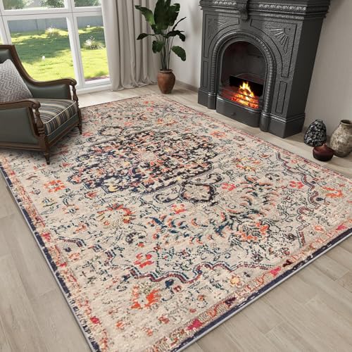 Area Rugs Teppich, 150 x 210 cm, für Wohnzimmer, Schlafzimmer, modern, abstrakt, maschinenwaschbar, Marineblau – Orange, weicher Teppich, niedriger Flor, Boden-Teppich mit rutschfester Unterseite von JEEGIU