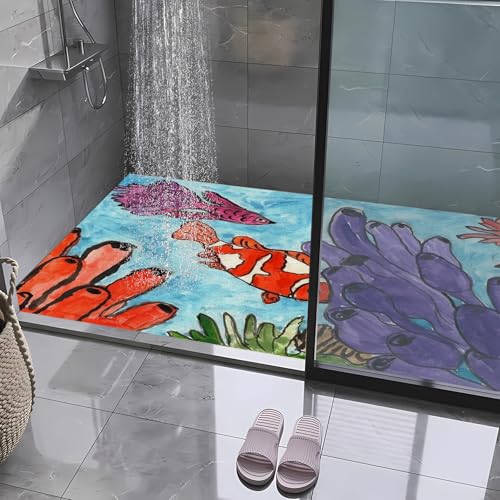 Badematte, 50 x 100 cm, ultraweich und saugfähig, rutschfest, bequem, maschinenwaschbar, Badteppich für Boden, Badewanne, Dusche, lila und blaue Meeresfische von JEEGIU