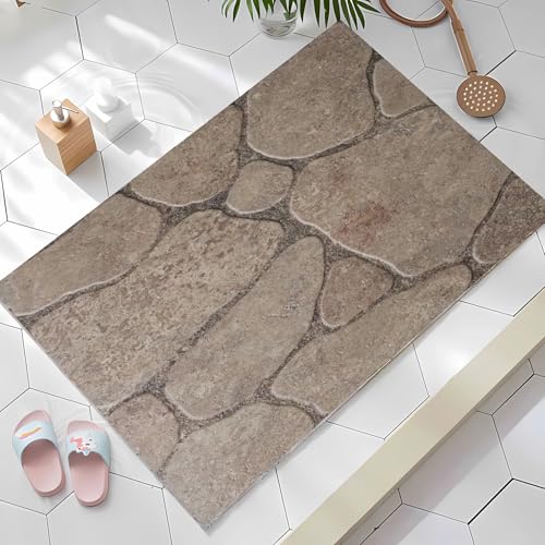 Badezimmerteppich, 50 x 80 cm, extra weich, Beige – Braun, Steinpflaster, Badteppich, Gummi-Rückseite, maschinenwaschbar, Badematten für Badezimmerboden, Heimdekor-Zubehör von JEEGIU