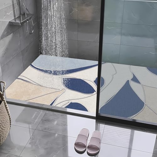 Badezimmerteppich, 60 x 90 cm, extra weich, Blau – Beige, abstrakte Formen, Badteppich, Gummi-Rückseite, maschinenwaschbar, Badematten für Badezimmerboden, Heimdekor-Zubehör von JEEGIU